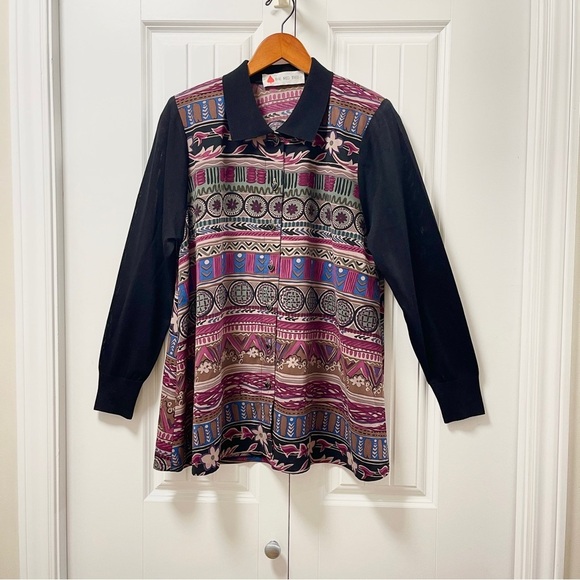 Vintage Unique Long Button-Up Tribal Pattern Blouse Purple - Picture 1 of 14